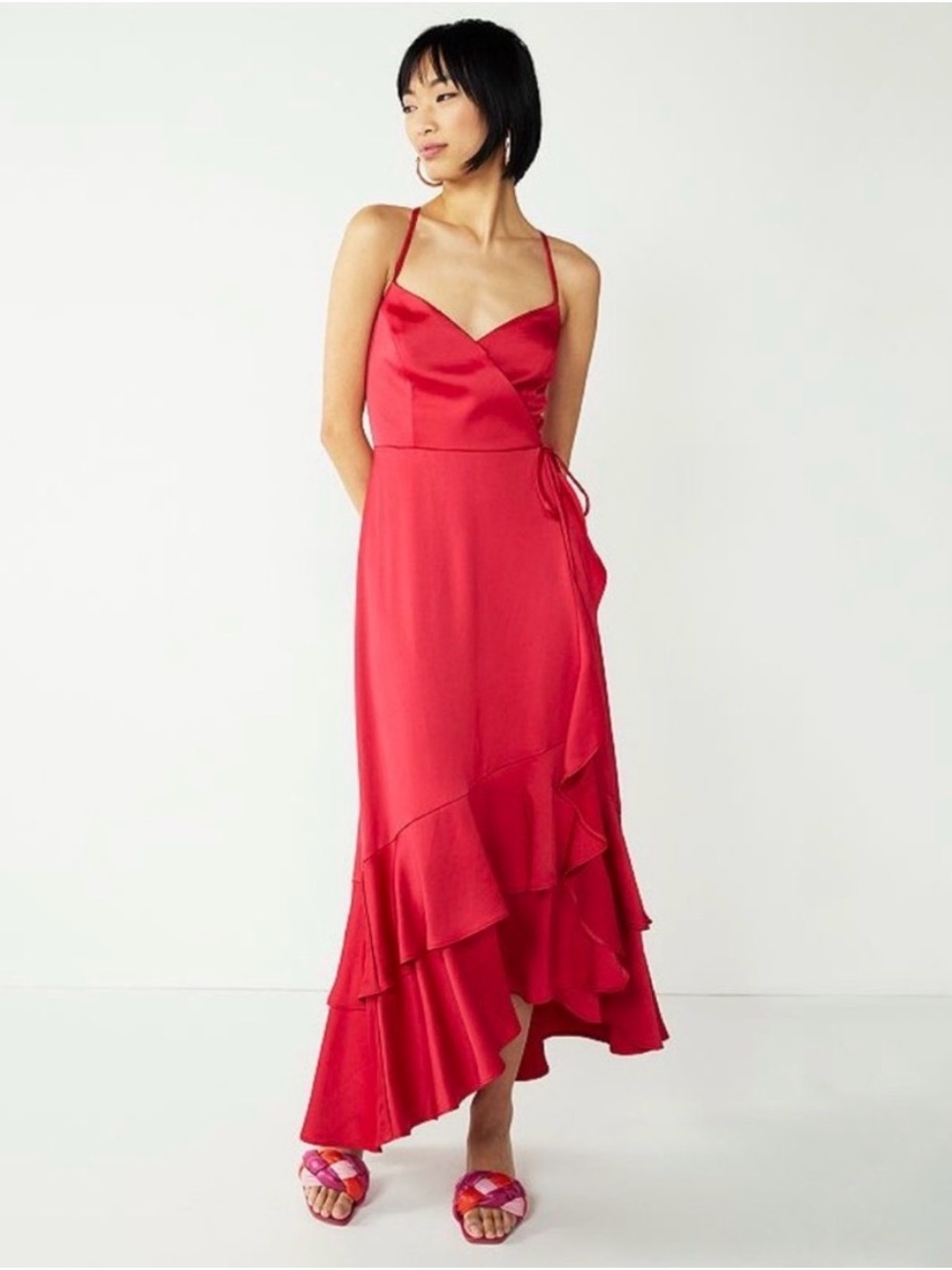 Nine West Pink Satin Wrap Ruffle High-Low Maxi Dress Strappy XS
